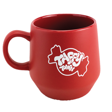 Red Taffy Town logo mug is a fun accessory for fans of Taffy Town salt water taffy candy - Front view